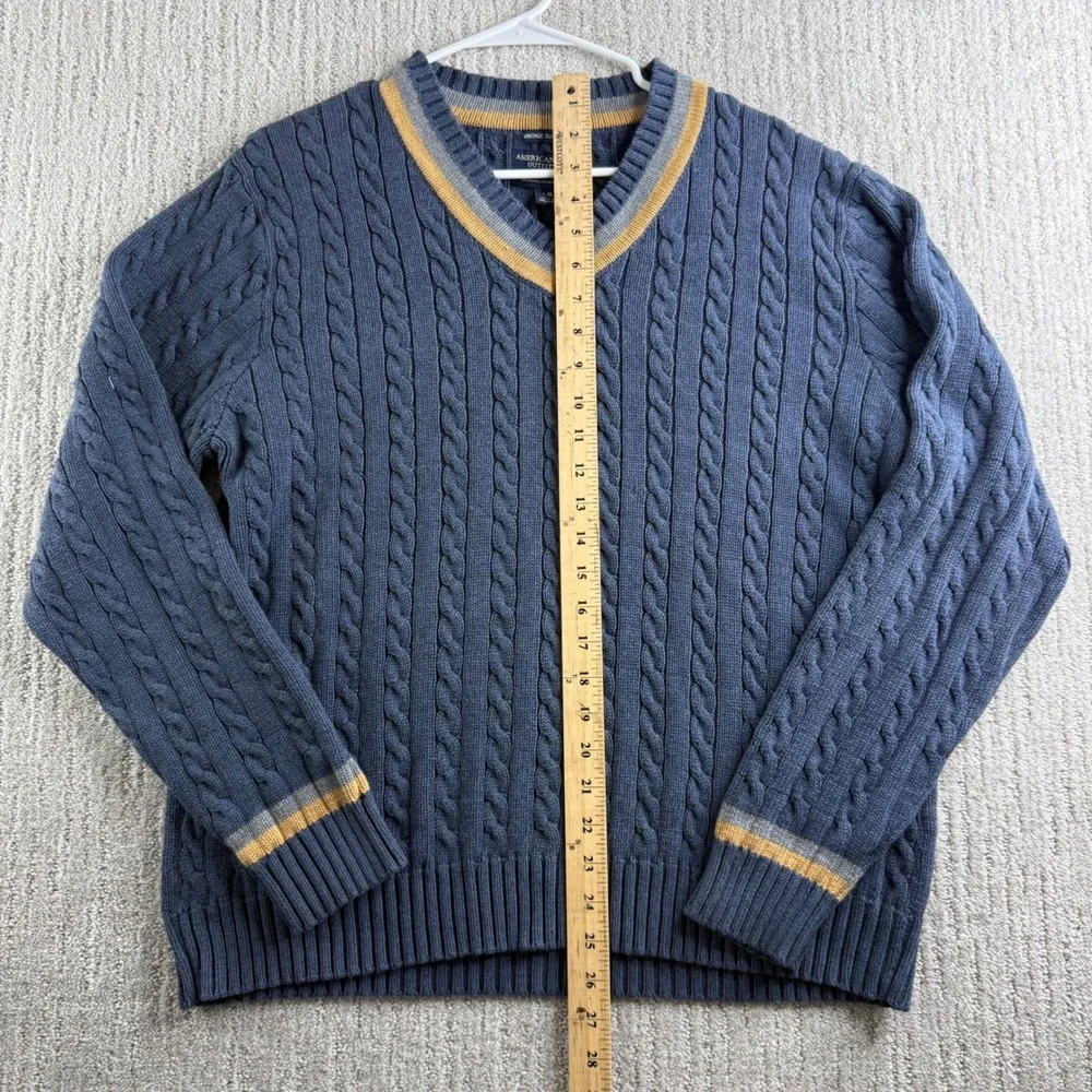American Eagle Vintage Slim Fit Cable Knit V-Neck Sweater Mens Size Large Blue